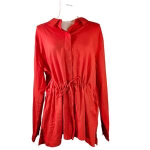 New DKNY Dress Shirt Top Blouse Linen Blend XL Red Belted NWT Preppy